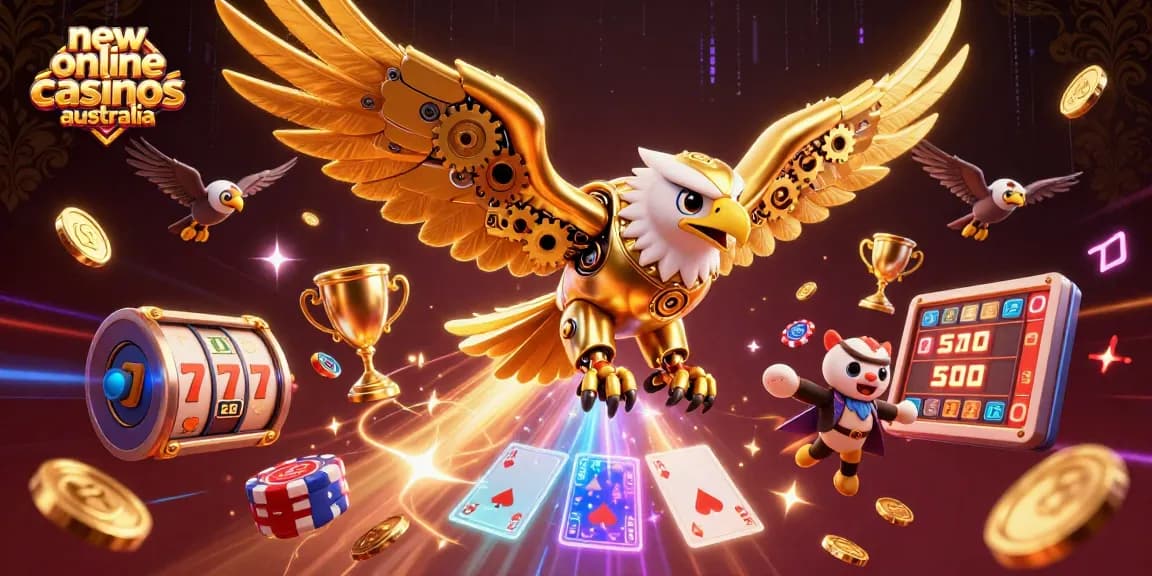 Experience thrilling gameplay at new online casinos Australia with diving eagle among holographic cards.