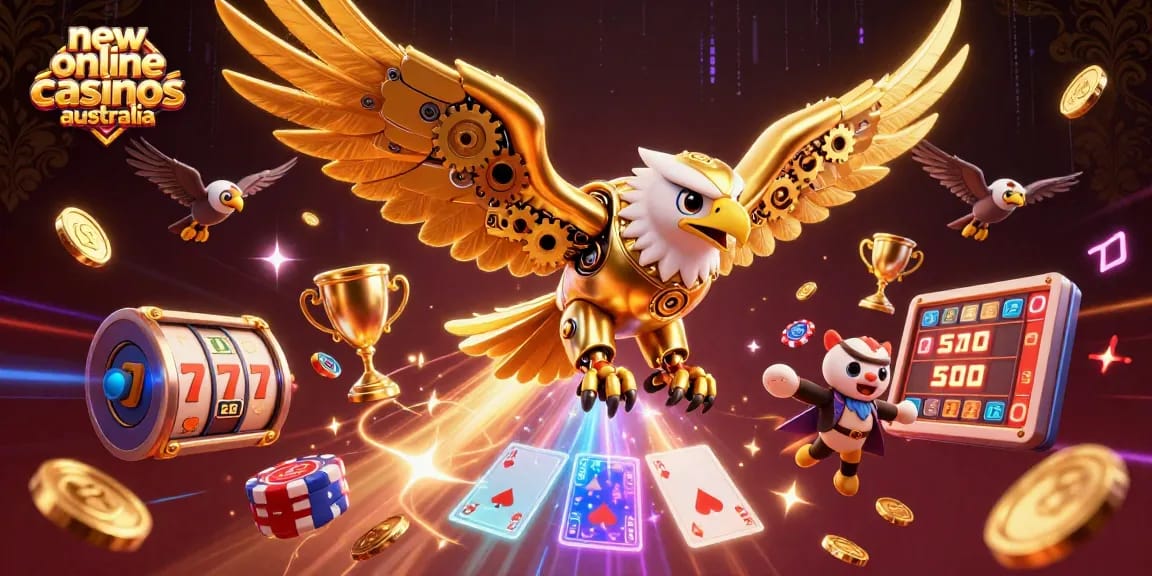 Experience thrilling gameplay at new online casinos Australia with diving eagle among holographic cards.