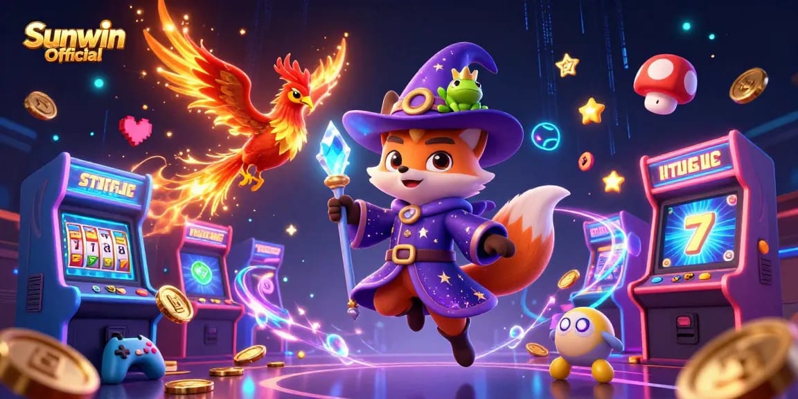 Experience thrilling gaming adventures at Sunwin Official with a mystical wizard fox and phoenix amidst colorful casino elements.
