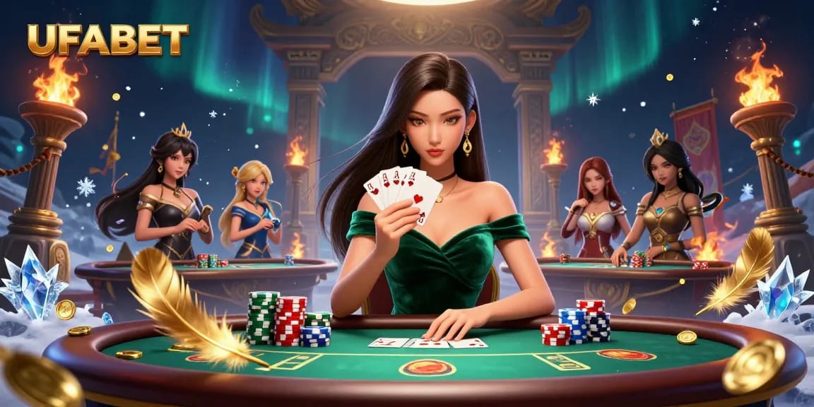 Bet and win bigger with UFABET at a luxury poker table surrounded by rich decorations and exciting game elements.