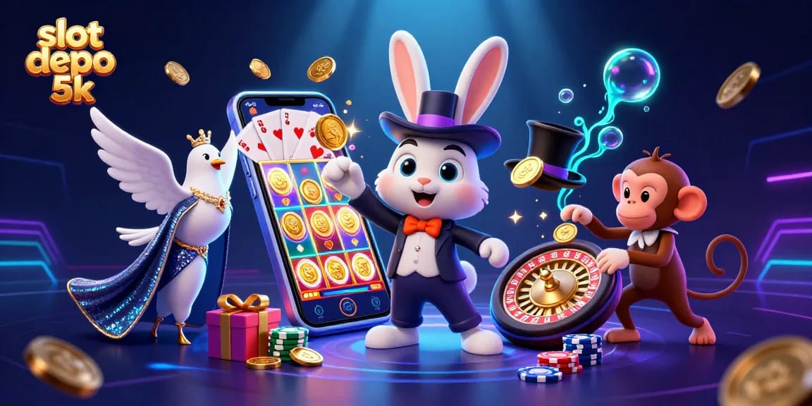 Engage in thrilling gaming with slot depo 5k featuring a magician, dove, and monkey amidst cascading golden coins.