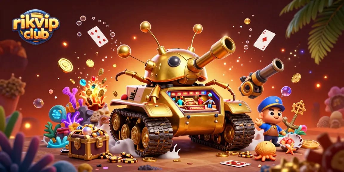 Engage in excitement at rikvip club with a vibrant 3D scene of a golden beetle tank casino.