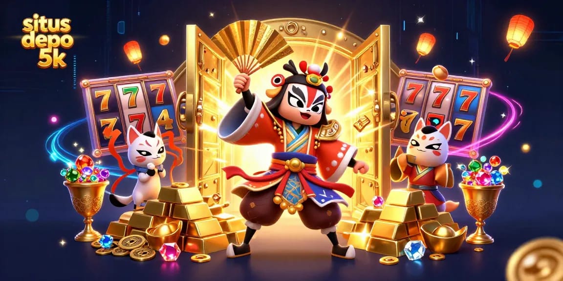 Engage with situs depo 5k showcasing dynamic slot games amidst vibrant casino elements.