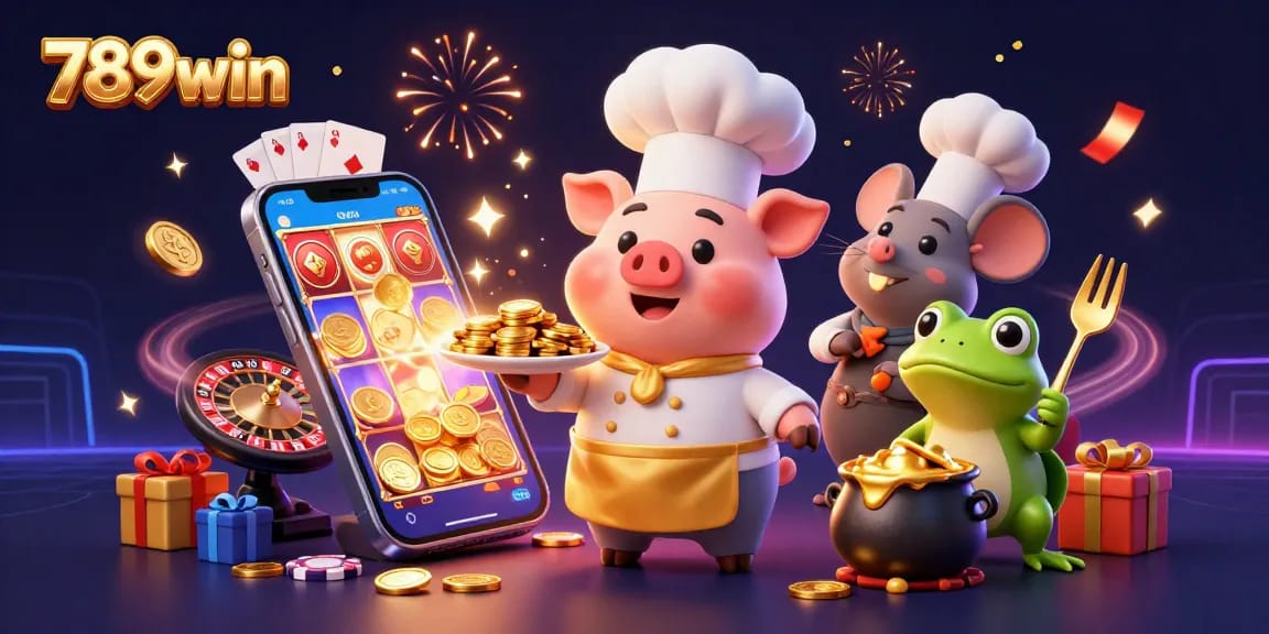 Experience the thrill of 789win with a vibrant 3D scene showcasing coins, games, and lively characters