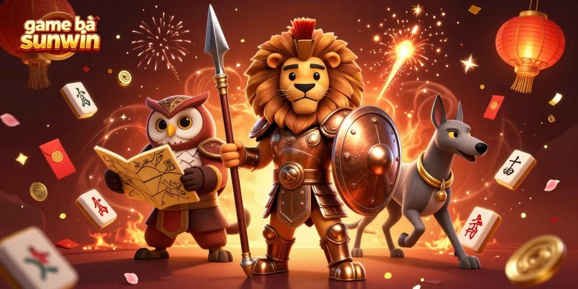 Engage with game bài sunwin in an electric casino scene featuring a lion, owl, and greyhound amidst vibrant gambling symbols.
