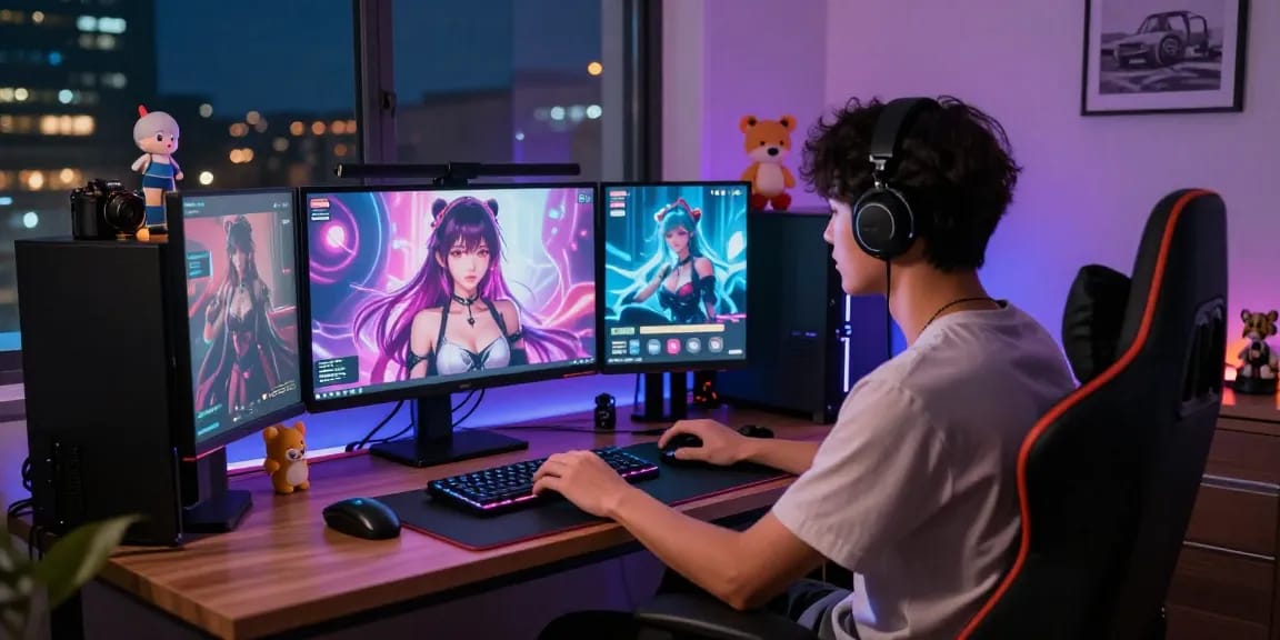 Engaging in ecchi AI chat with virtual girlfriend in a cozy gaming setup.