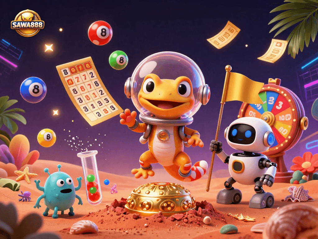Experience SAWA888's vibrant gaming universe with a Martian gecko discovering a golden casino amidst exciting elements.