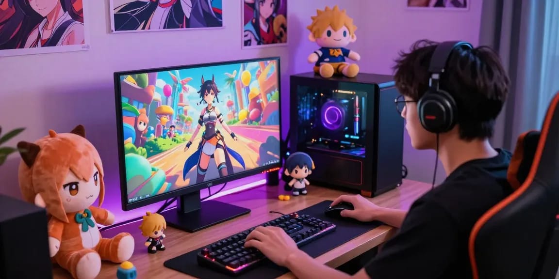 Player enjoying a hentai game with vibrant animation and gaming setup