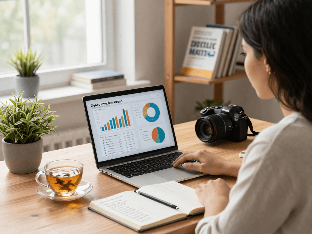 Debt consolidation solutions being explored in a cozy home office.