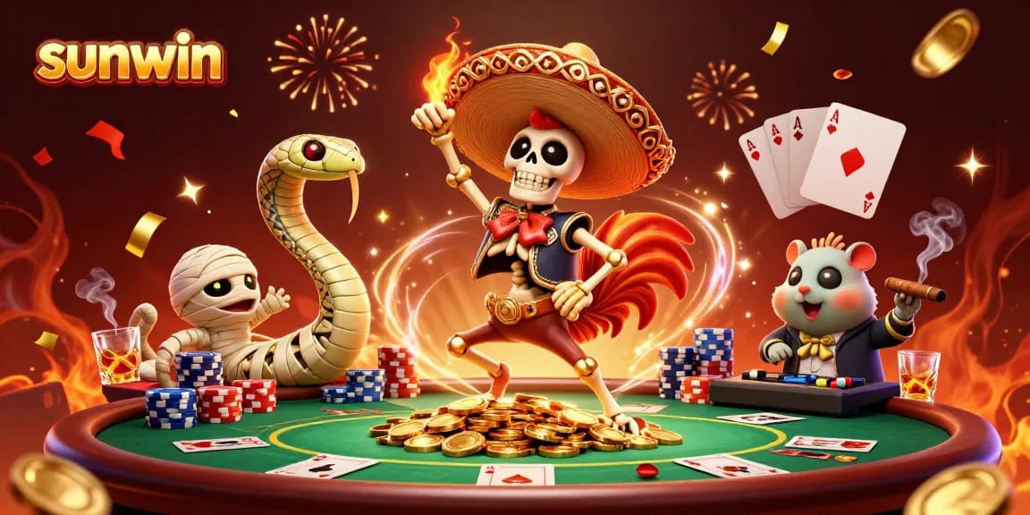 Experience the excitement of sunwin with a vibrant casino scene featuring a jubilant skeleton mariachi rooster dancing on gold coins.