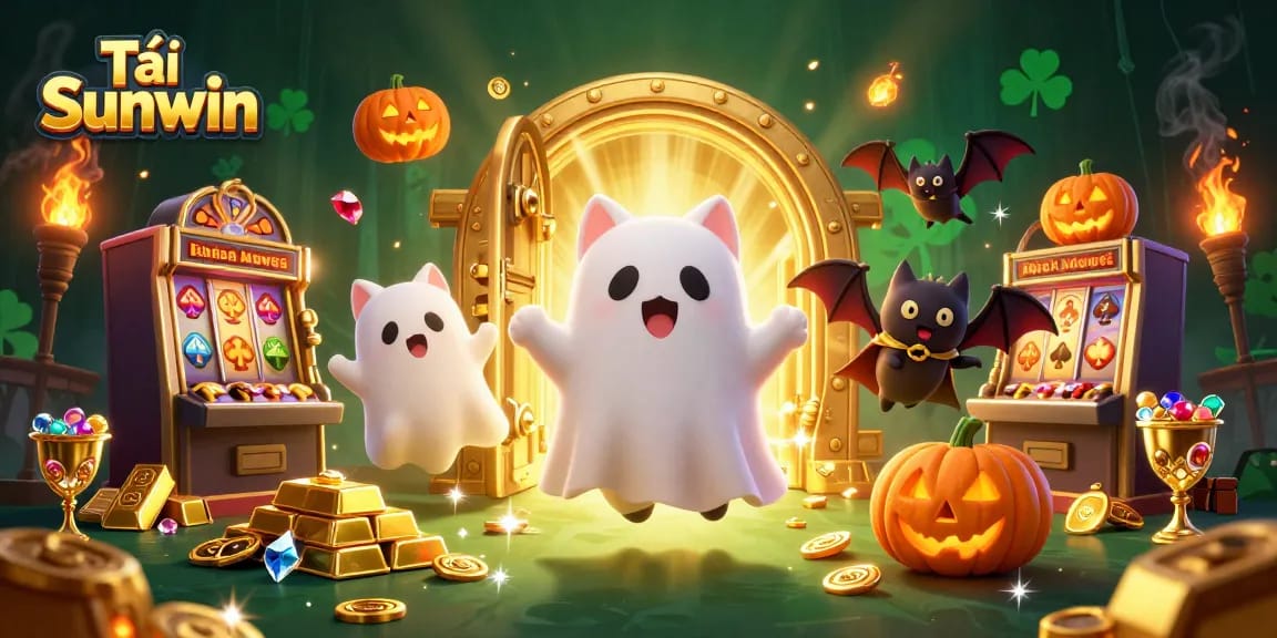 Tải Sunwin offers thrilling gameplay with a ghost cat and bat companion exploring a vibrant casino environment.