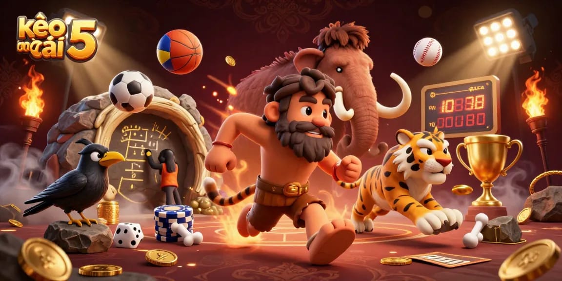 Engage with kèo nhà cái 5 through a dynamic 3D cartoon casino scene featuring unique characters and elements.