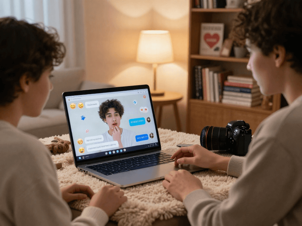 Engaging ai porn chat conversation in a cozy setting with intimate characters.