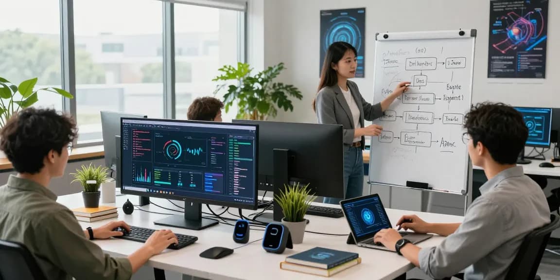 Diverse team of engineers collaborating on AI agents in a modern workspace with advanced tech tools and bright ambient lighting.