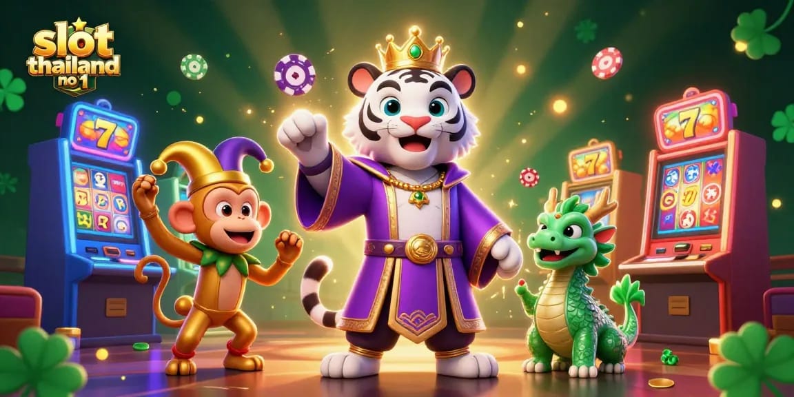 Engage with slot thailand no 1 featuring a royal tiger, playful monkey, and lively dragon in a vibrant casino scene.