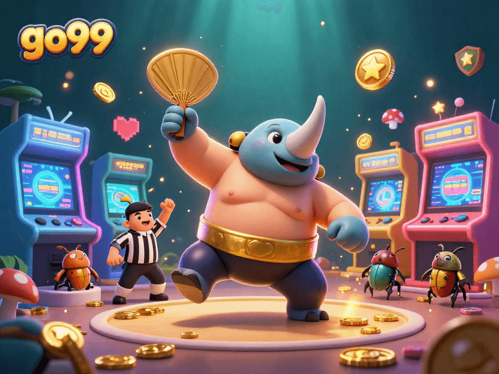 Engage in thrilling casino action with go99's colorful arcade featuring a beetle champion and golden coins