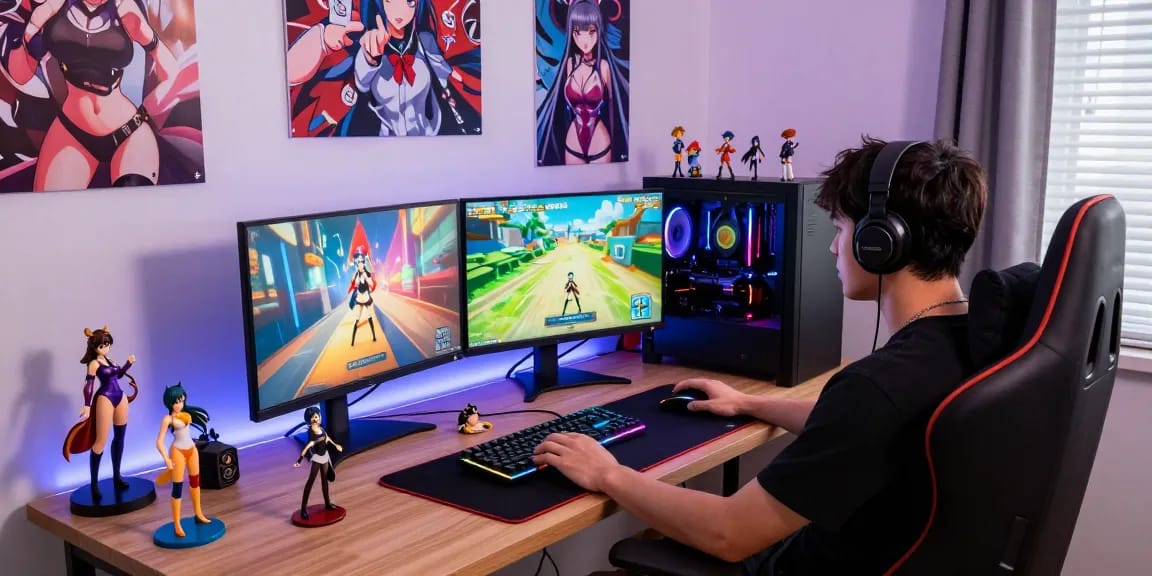 Gamer enjoying ecchi games in a stylish gaming room filled with anime figures and ambient lighting.