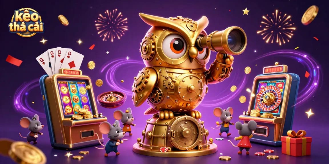 Bet on kèo nhà cái with dynamic casino scene featuring an owl, slot machines, and gaming elements
