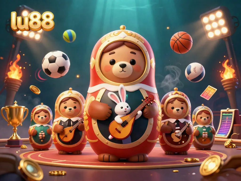 Engage in thrilling wins with lu88, showcasing a vibrant casino scene with lively characters and dynamic sports elements.