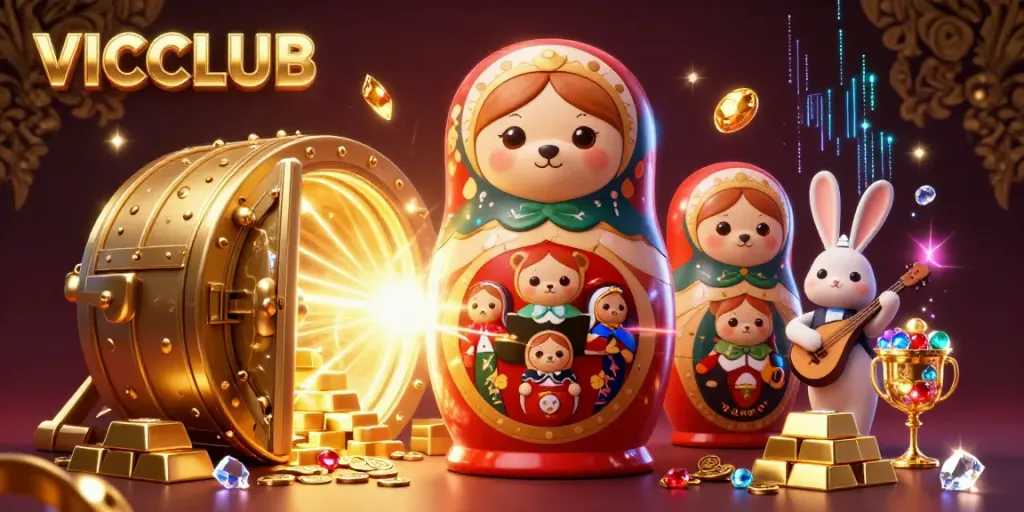 Experience thrilling casino fun at VICCLUB with vibrant characters, treasure, and dazzling lights.