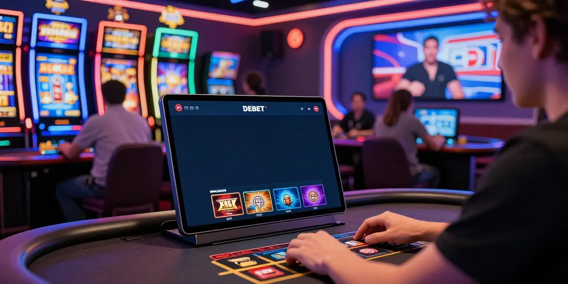Engaging DEBET online gaming platform with players enjoying live dealer games and vibrant slot machines.