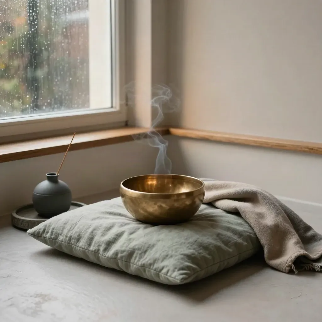 Meditation corner with cushion, singing bowl, throw, tray and diffuser in dawn rain light