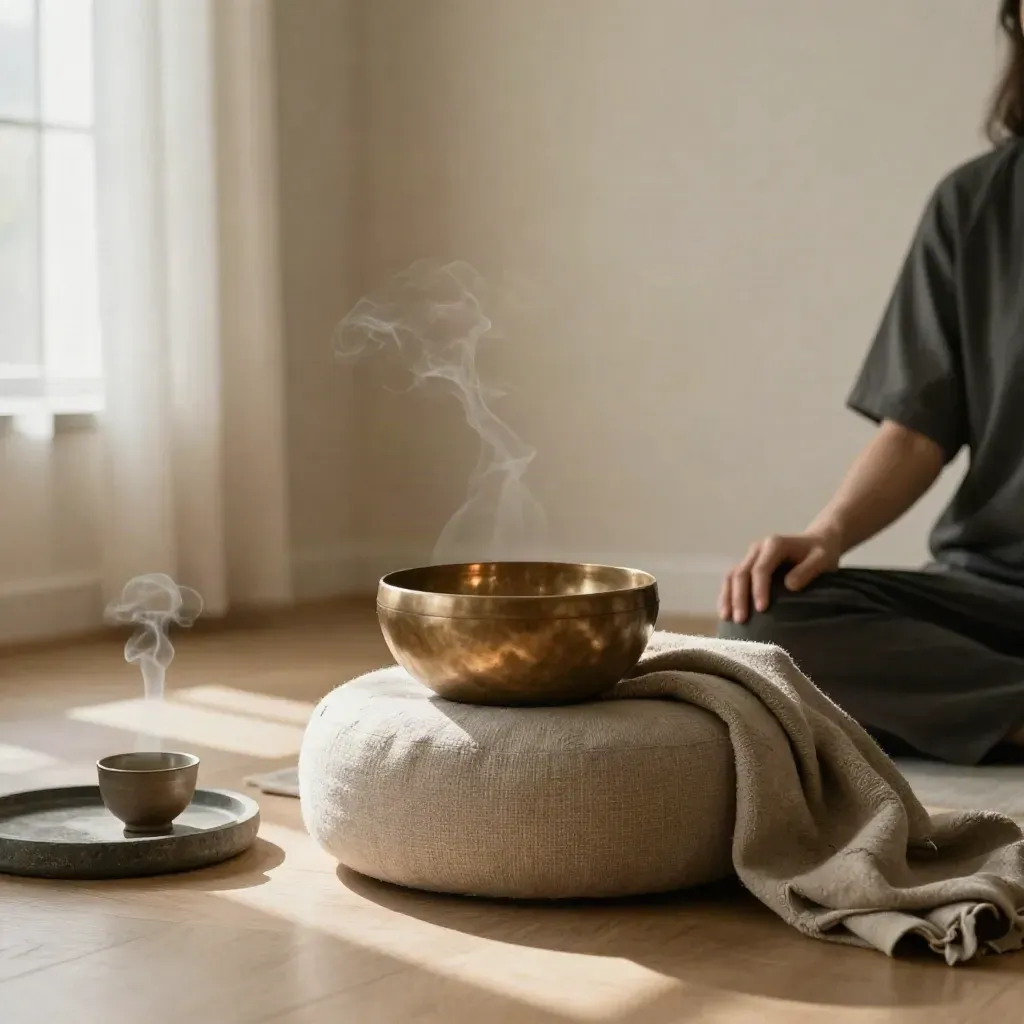 Meditation corner with zafu, singing bowl, blanket and tea cup in warm afternoon light.