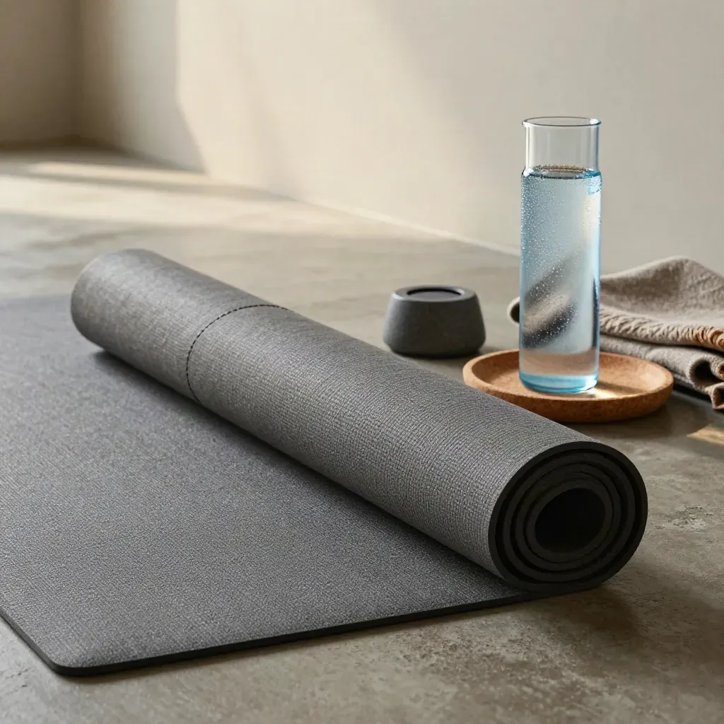 Breathwork studio floor with rolled mat, bolster, timer and water carafe in cool daylight