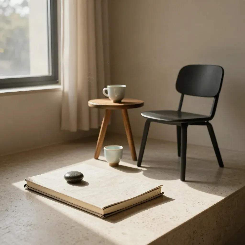 Sunlit mindfulness coaching nook with notebook, ceramic cup, paperweight and chair