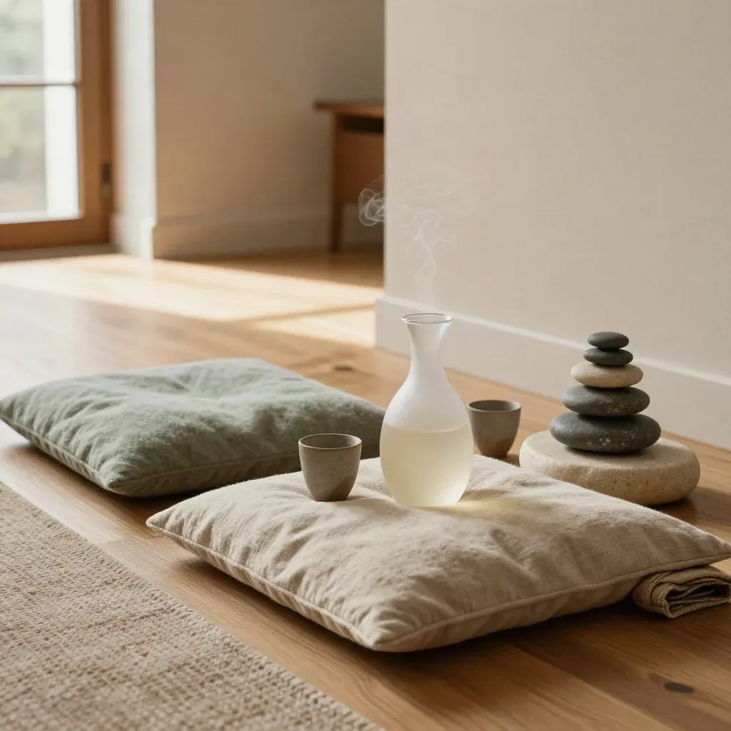 Office wellness room with cushions, tea carafe, blanket and stacked pebbles in warm window light.