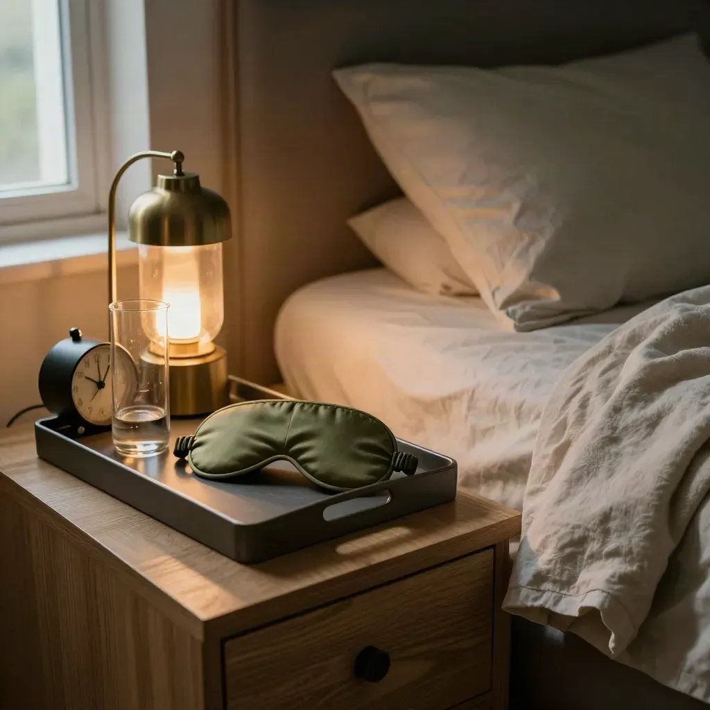 Bedside sleep routine tray with eye mask, lamp, carafe, duvet corner and clock