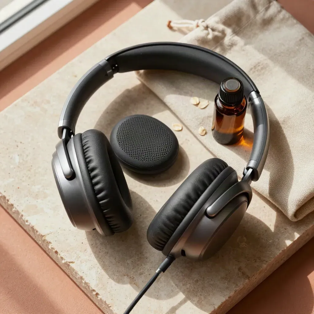 Headphones, speaker, linen pouch and essential oil bottle on pale stone with warm window light.