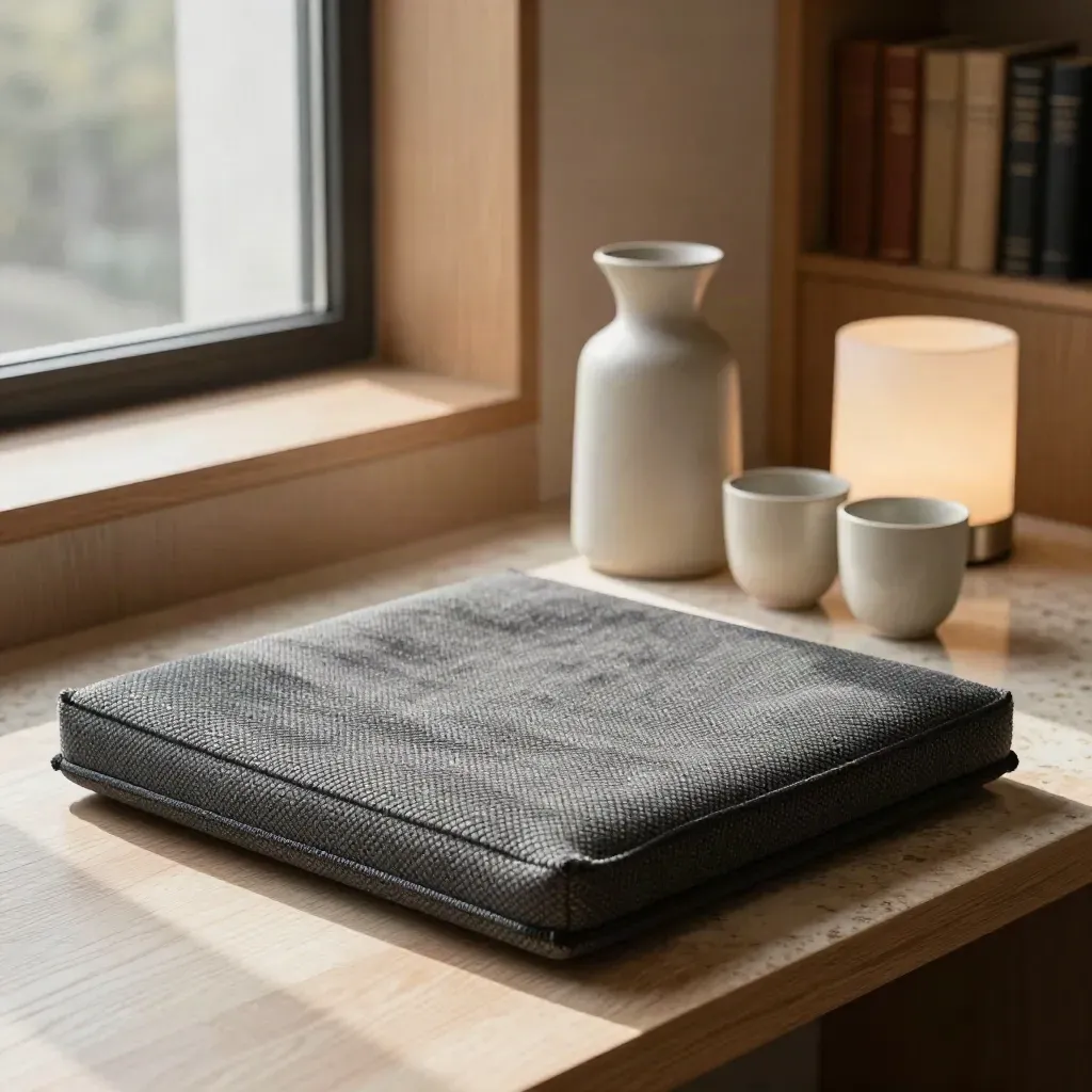 Charcoal meditation cushion, cups, carafe and lamp in a calm law office reset nook.
