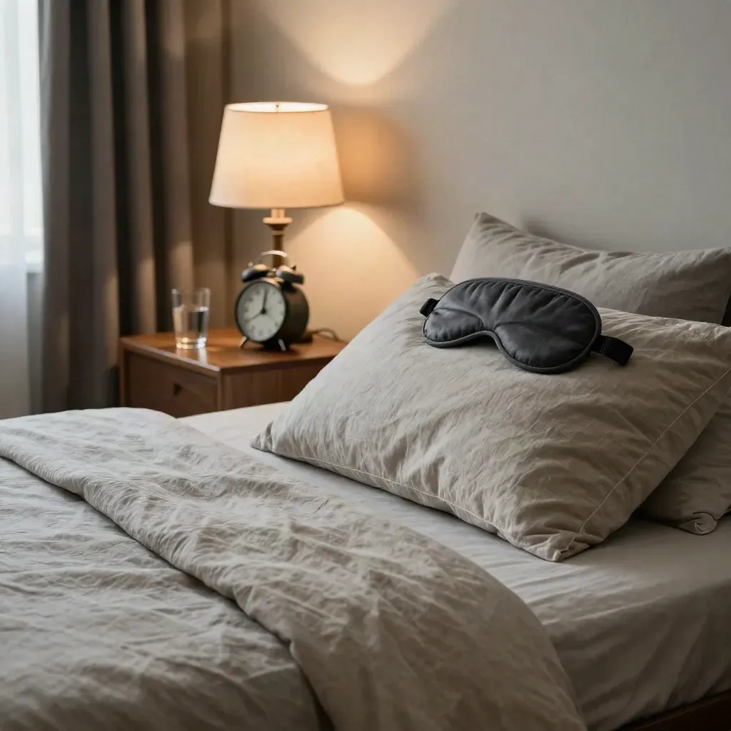 Blackout sleep setup with layered bedding, eye mask, clock, water glass and warm bedside lamp.