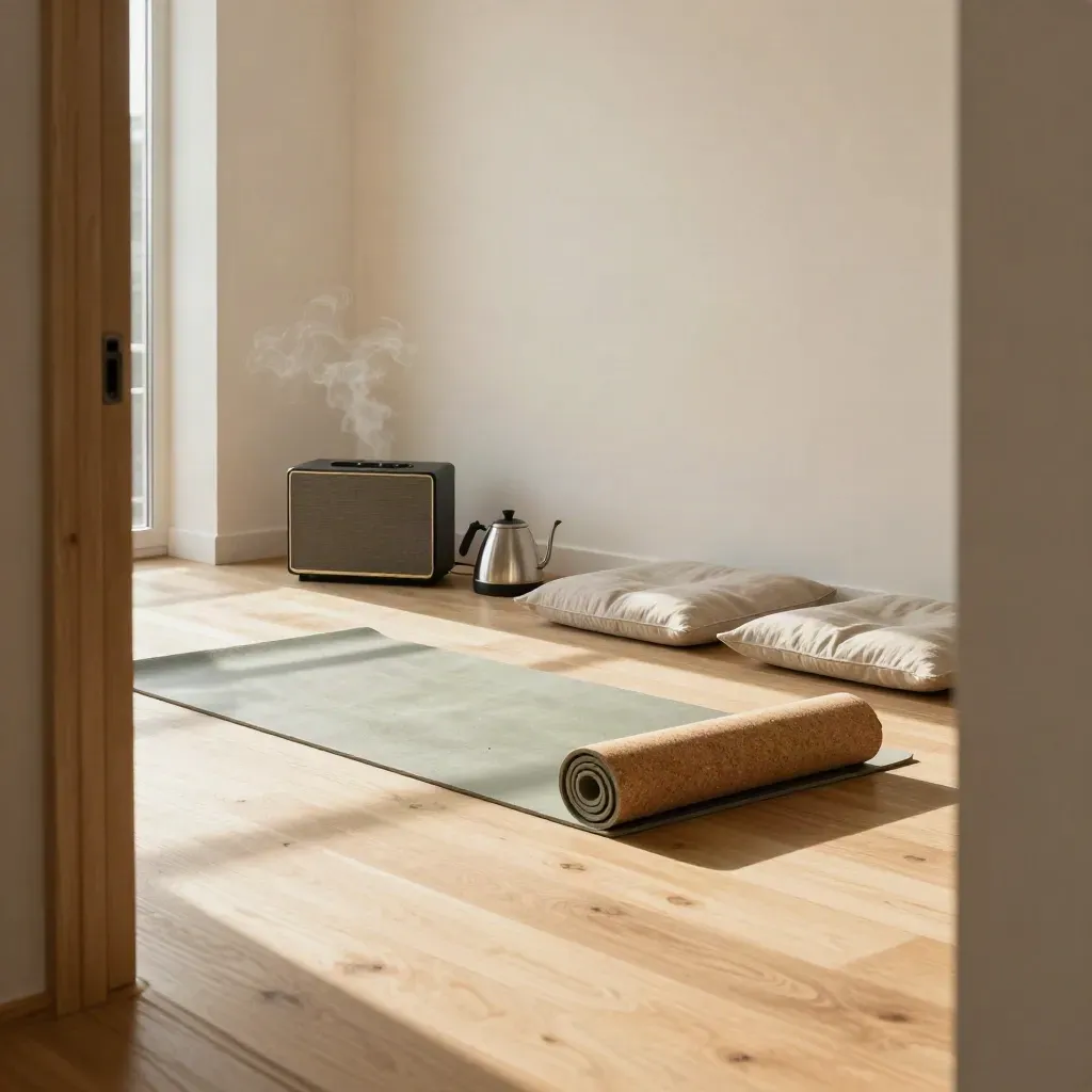 Calm studio break area with mats, speaker, kettle, and floor cushions in soft daylight.