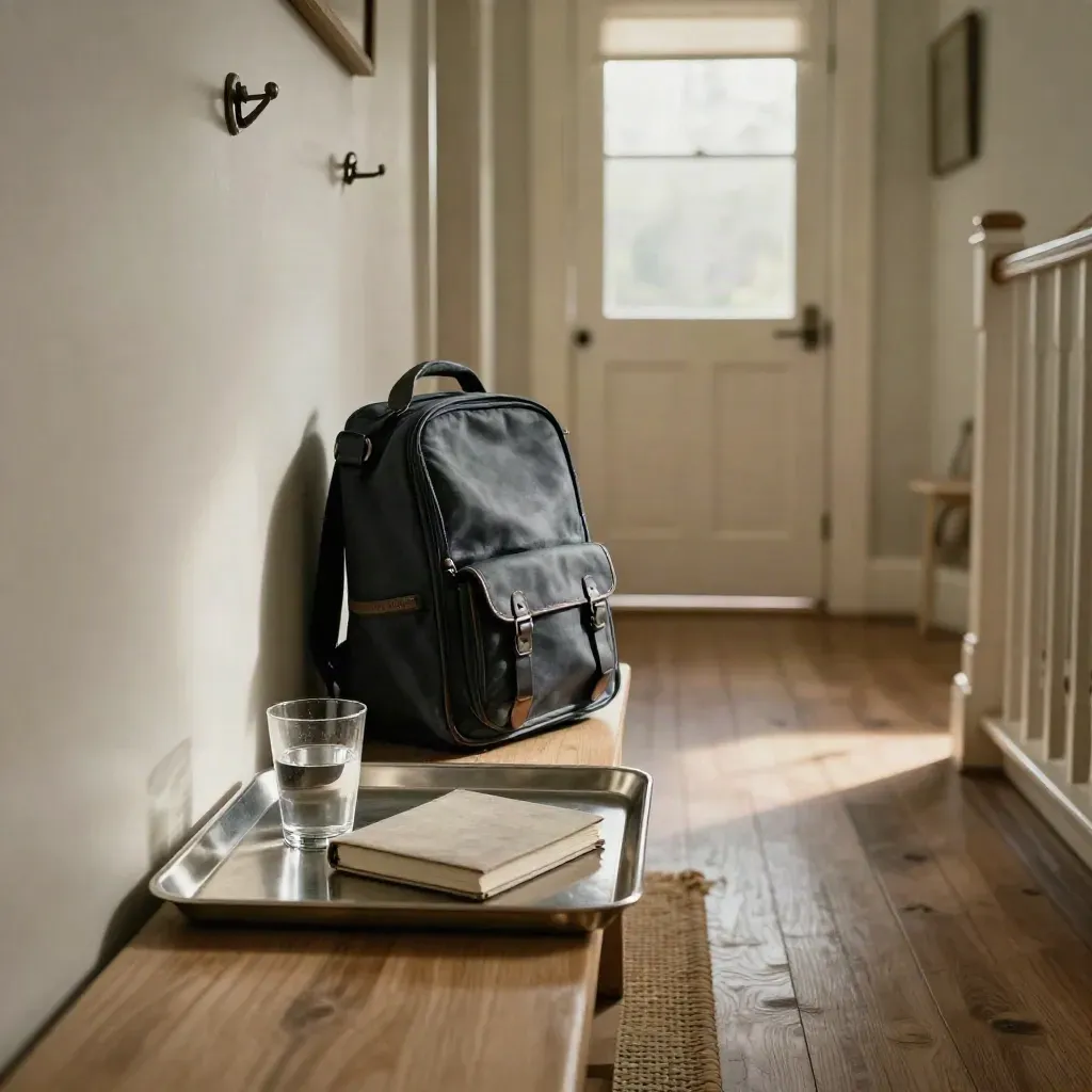 Hallway routine tray with water glass, closed journal, and packed school bag in dawn light