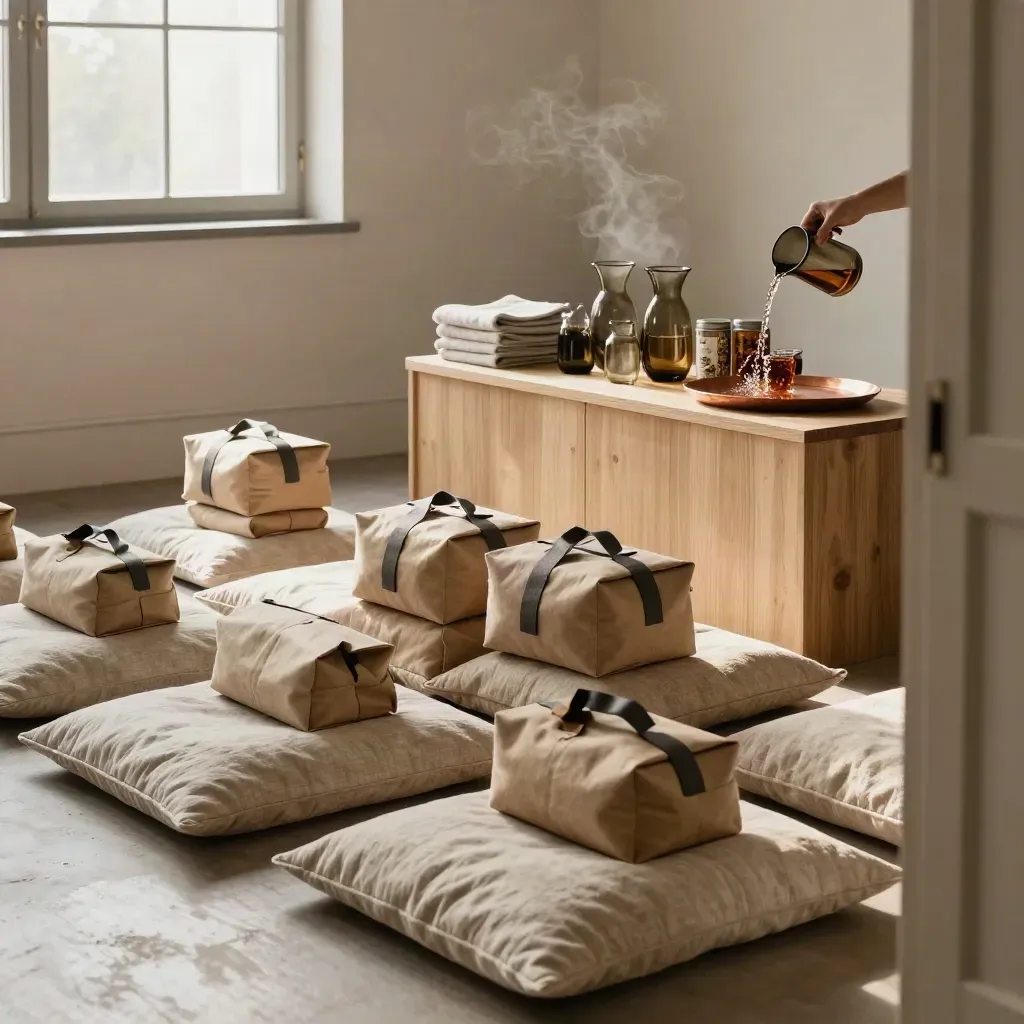 Empty office wellbeing workshop room with floor cushions, wellness kits and carafes in soft daylight.
