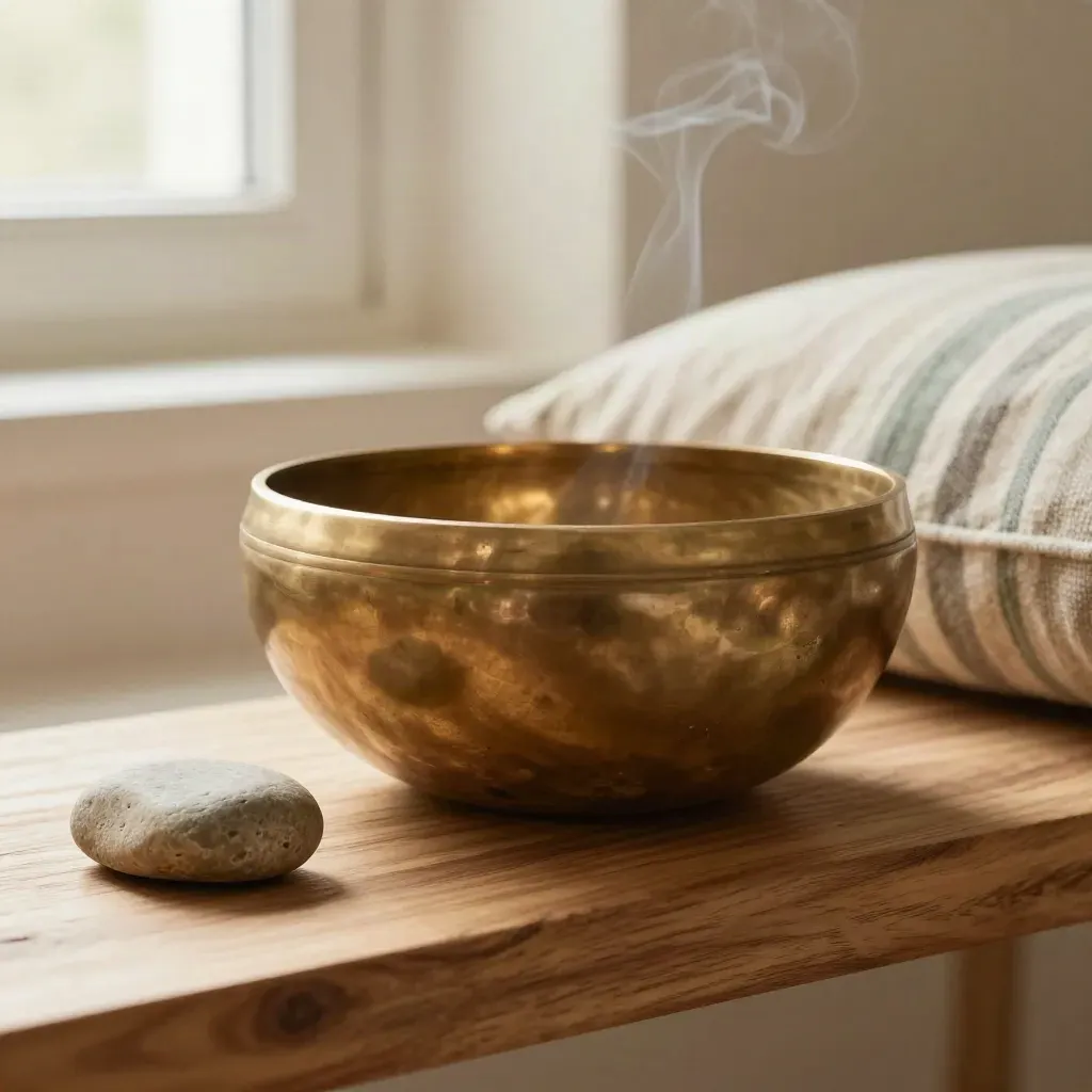 Brass singing bowl, worry stone, cedar shelf, sage linen, and smoke in macro detail.