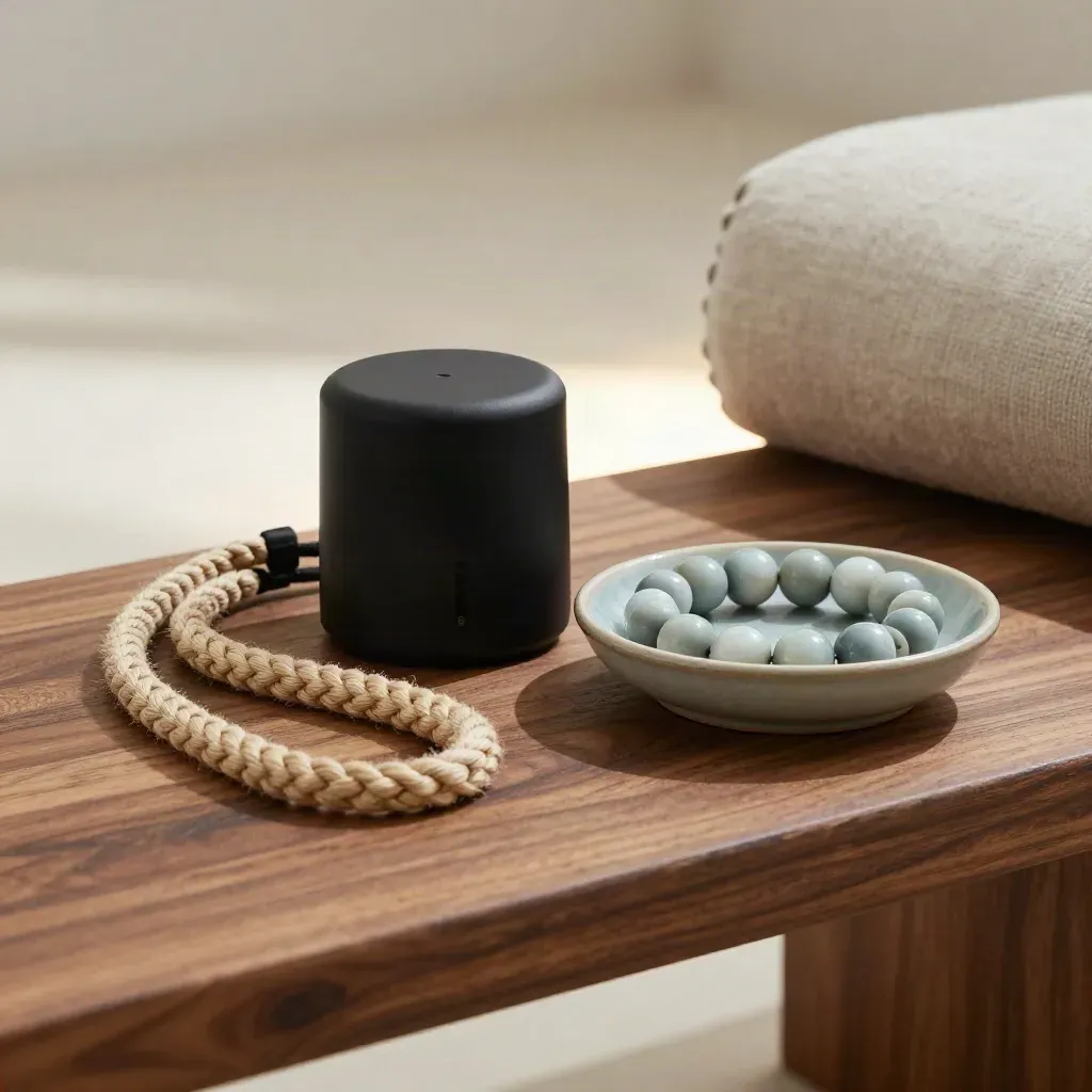 Breathwork tools: timer, mat strap, and counting beads in a ceramic dish on a studio bench.