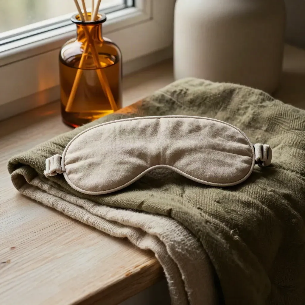 Linen eye mask, amber diffuser bottle, ceramic lamp base, folded blanket on a bedside ledge.