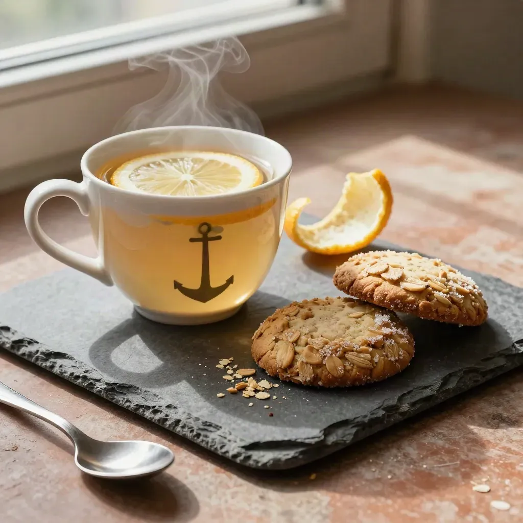 Steaming herbal tea, citrus slices and oat biscuits on a stone board in soft window light.