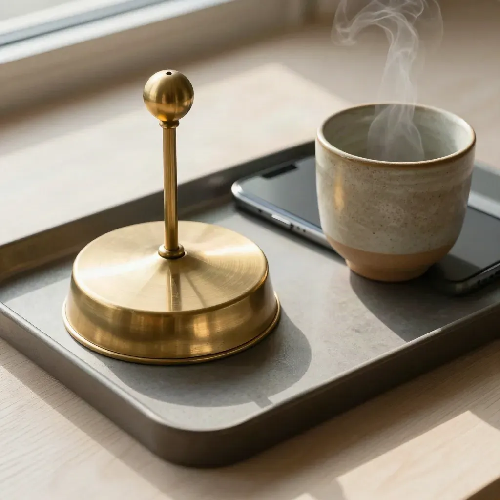 Brass chime, face-down phone and ceramic cup on a pale wood tray in soft morning light.