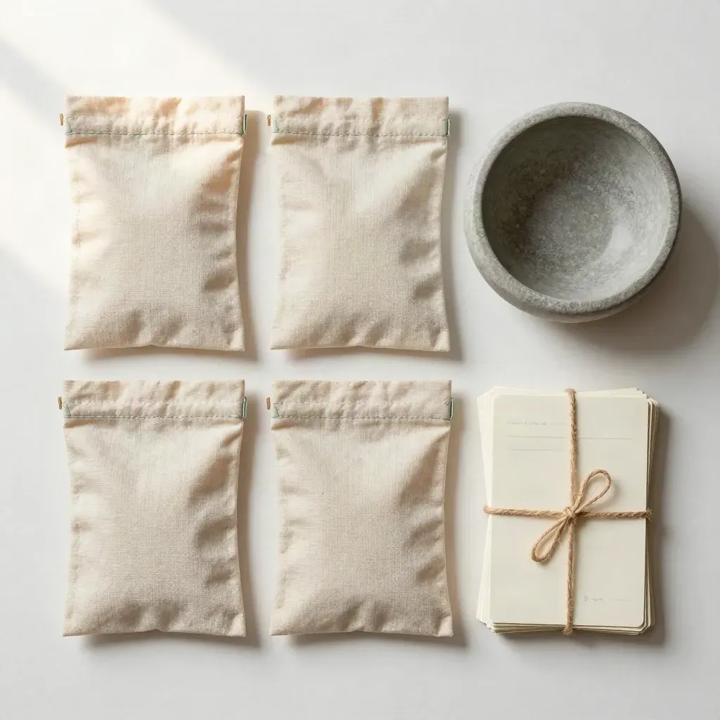 Top-down still life of linen pouches, a stone bowl and twine-tied cards on plaster.