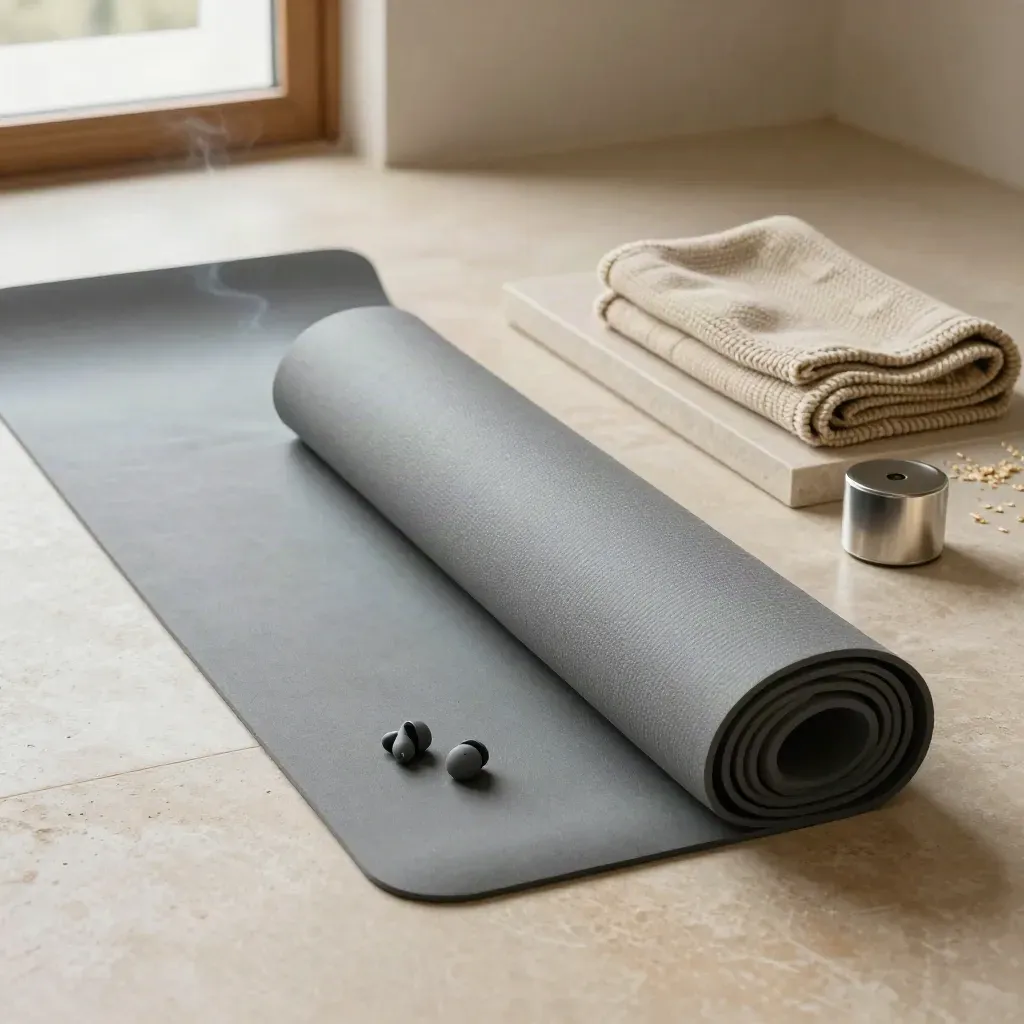 Rolled meditation mat, folded blanket, earphones and timer on a stone tray in soft window light