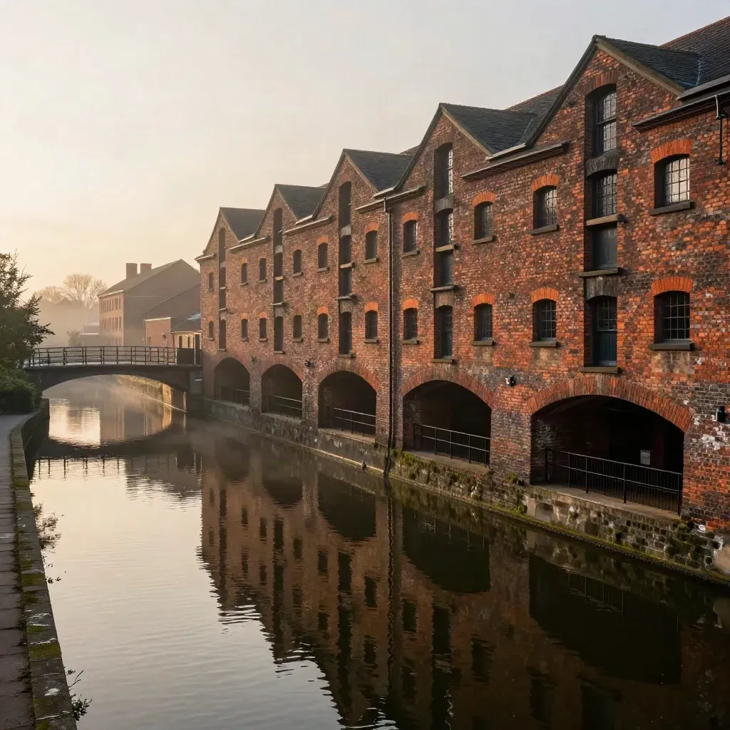 Sunlit Victorian canal warehouses and arched bridges above a calm Midlands canal at sunset.