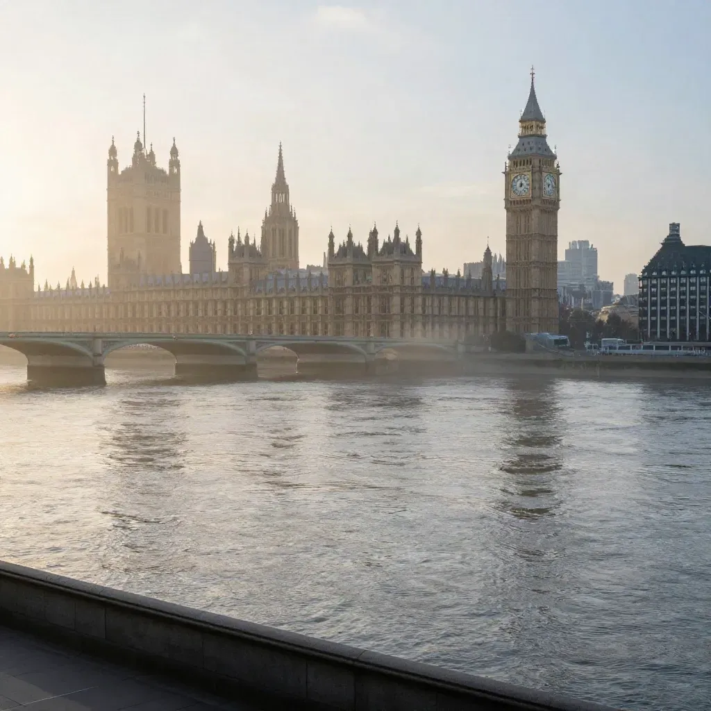 Westminster skyline over the Thames in golden haze, wide calm river view