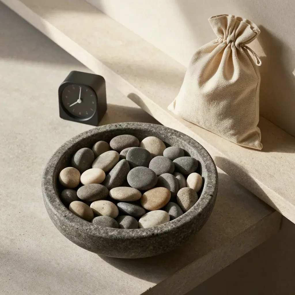 Stone bowl, timer, and linen pouch on a pale stone shelf in calm overhead light.
