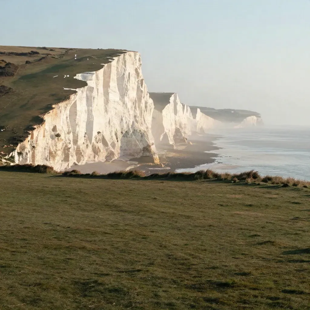 White chalk cliffs above the Channel with mist and grassy downs in soft morning light.
