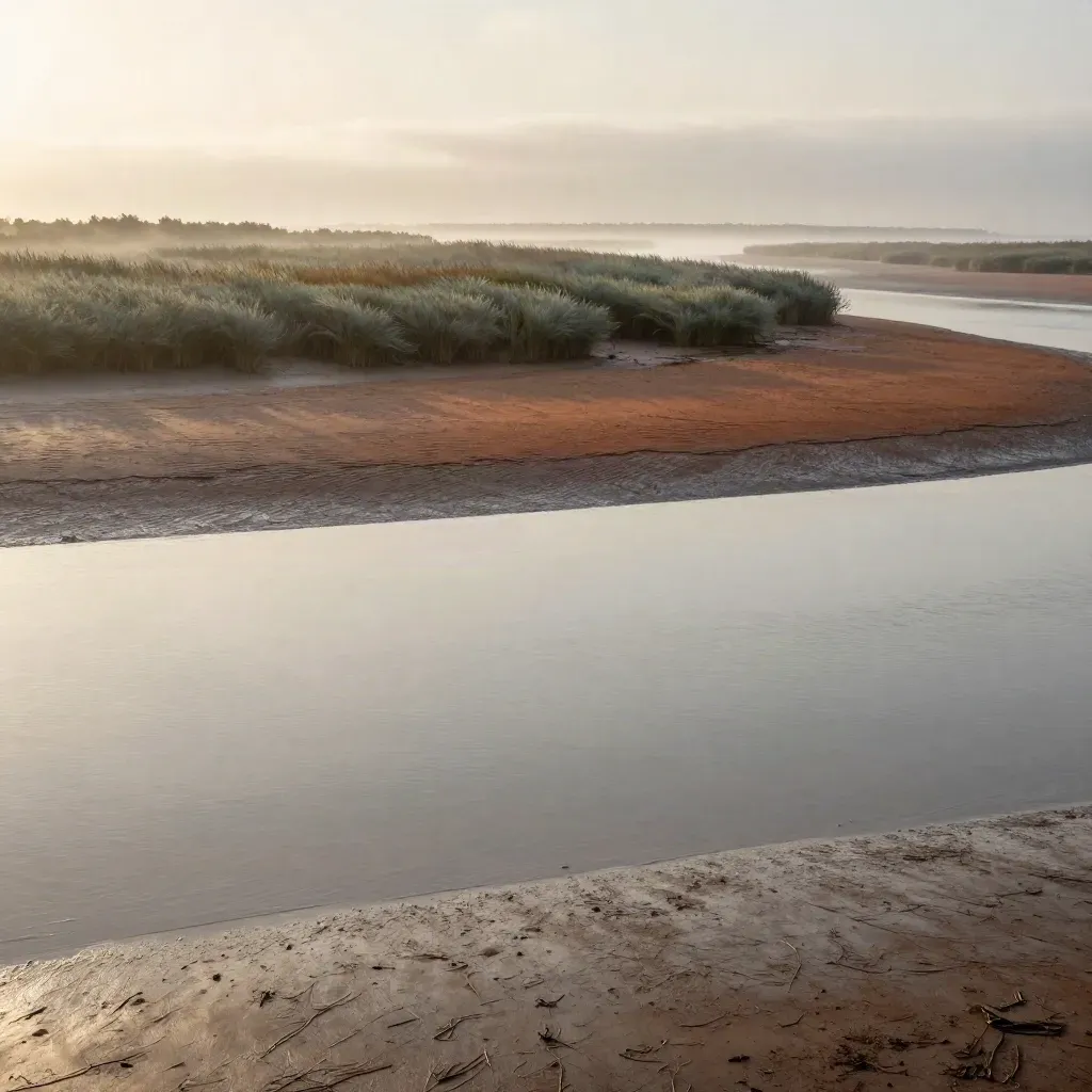 Sunrise tidal flats with reeds, mist and calm reflective water for copy space