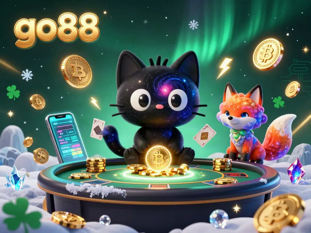 Engage in the go88 casino adventure with an enchanting scene of a cosmic black hole cat and colorful fox pulling in golden chips.